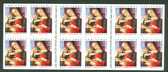 US #3355a 33¢ Madonna (20), Self Adhesive Convertible Booklet Pane