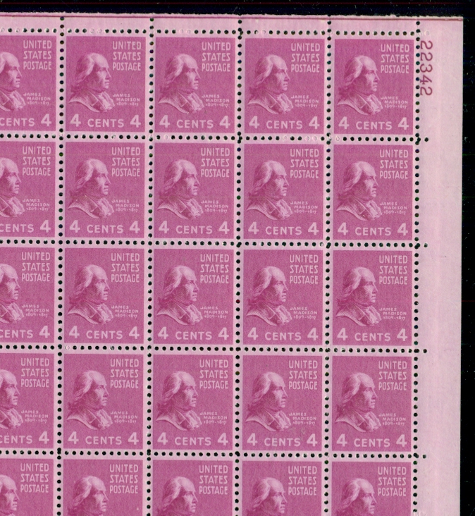 US #808 4¢ Madison, Complete Sheet of 100, og, NH, VF  