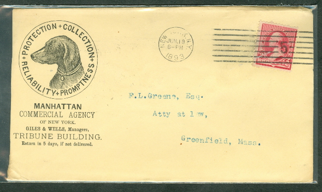 US 1893, Manhattan Commercial. Agency w/dog logo advertising, 2¢ tied 