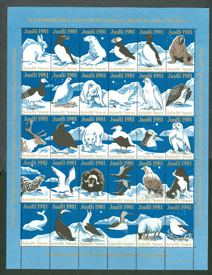 GREENLAND CHRISTMAS SEAL SHEET OF 30, POLAR BEAR, WALRUS AND MORE 