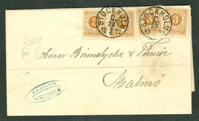 SWEDEN 1877 3ore (Sc #17) x4 tied Stockholm on folded letter to Malmo 